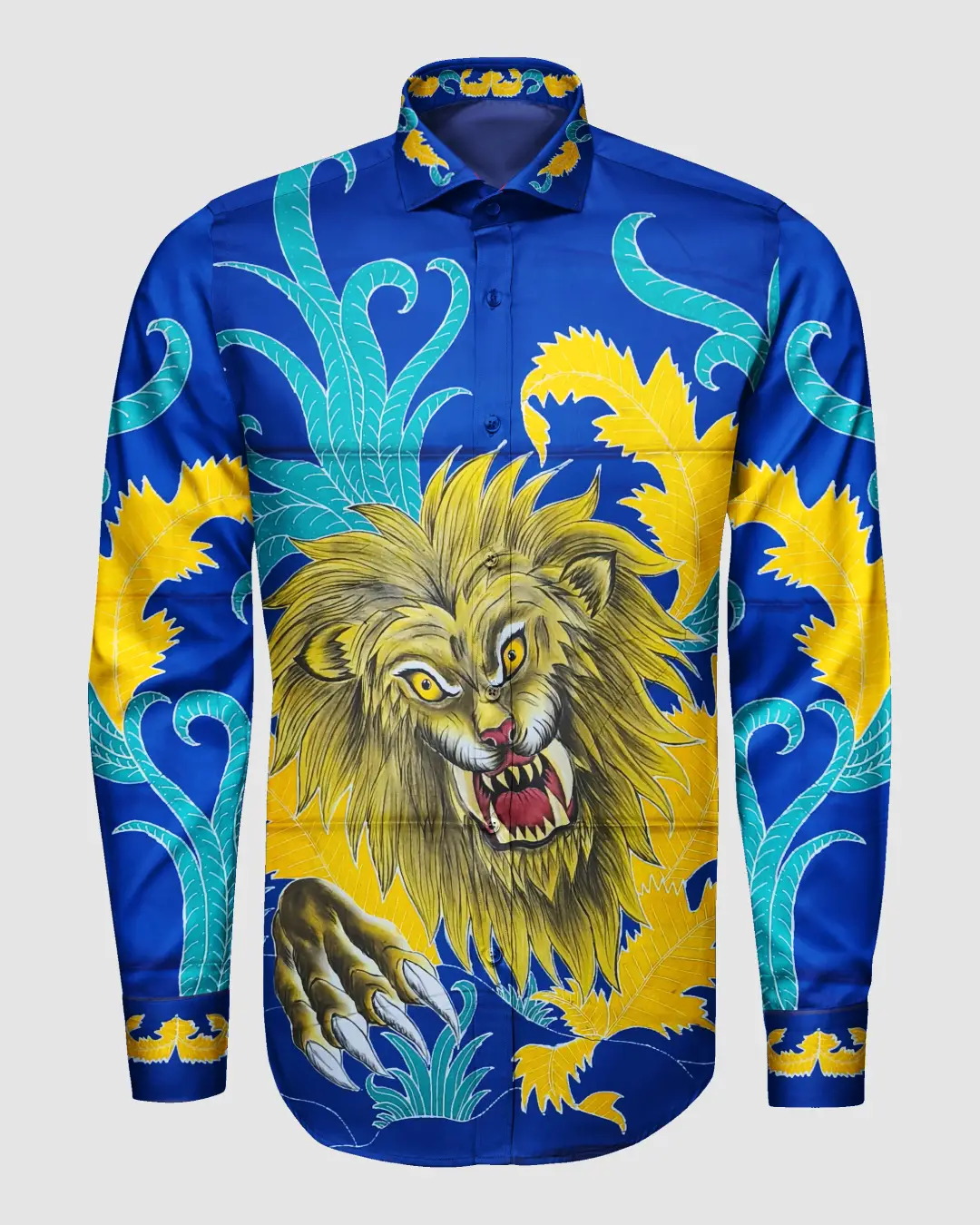 Pola kemeja batik tulis motif singa berwarna biru dan kuning di atas bahan katun satin yang berkilau.