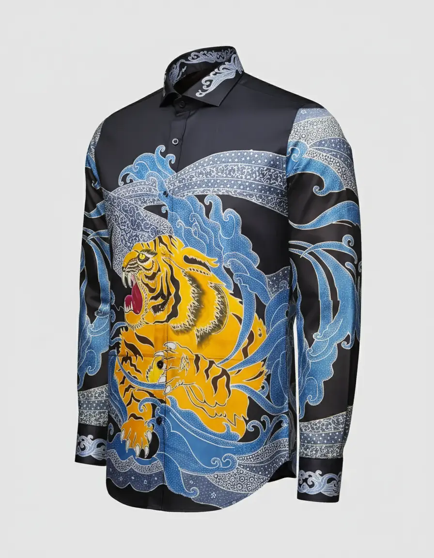 Pola kemeja kain batik tulis motif macan kuning mengaum di tengah ombak biru di atas kain katun primissima hitam.