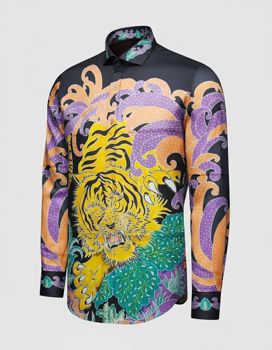 Kemeja batik tulis motif macan kuning-ungu di atas kain katun satin hitam, menampilkan nuansa berani dan artistik.