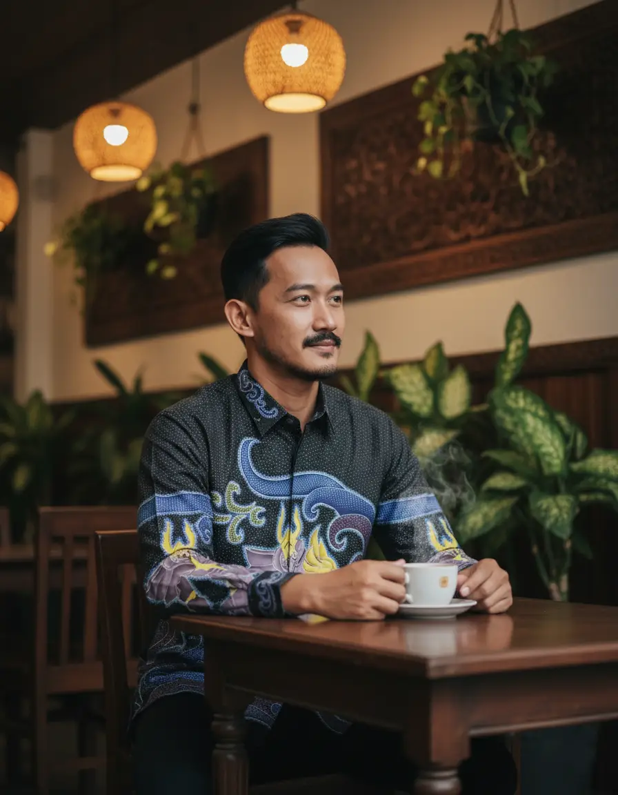 Pola kemeja batik tulis modern dengan motif ksatria ungu keemasan di atas kain katun primissima, nuansa fantasi yang kuat.