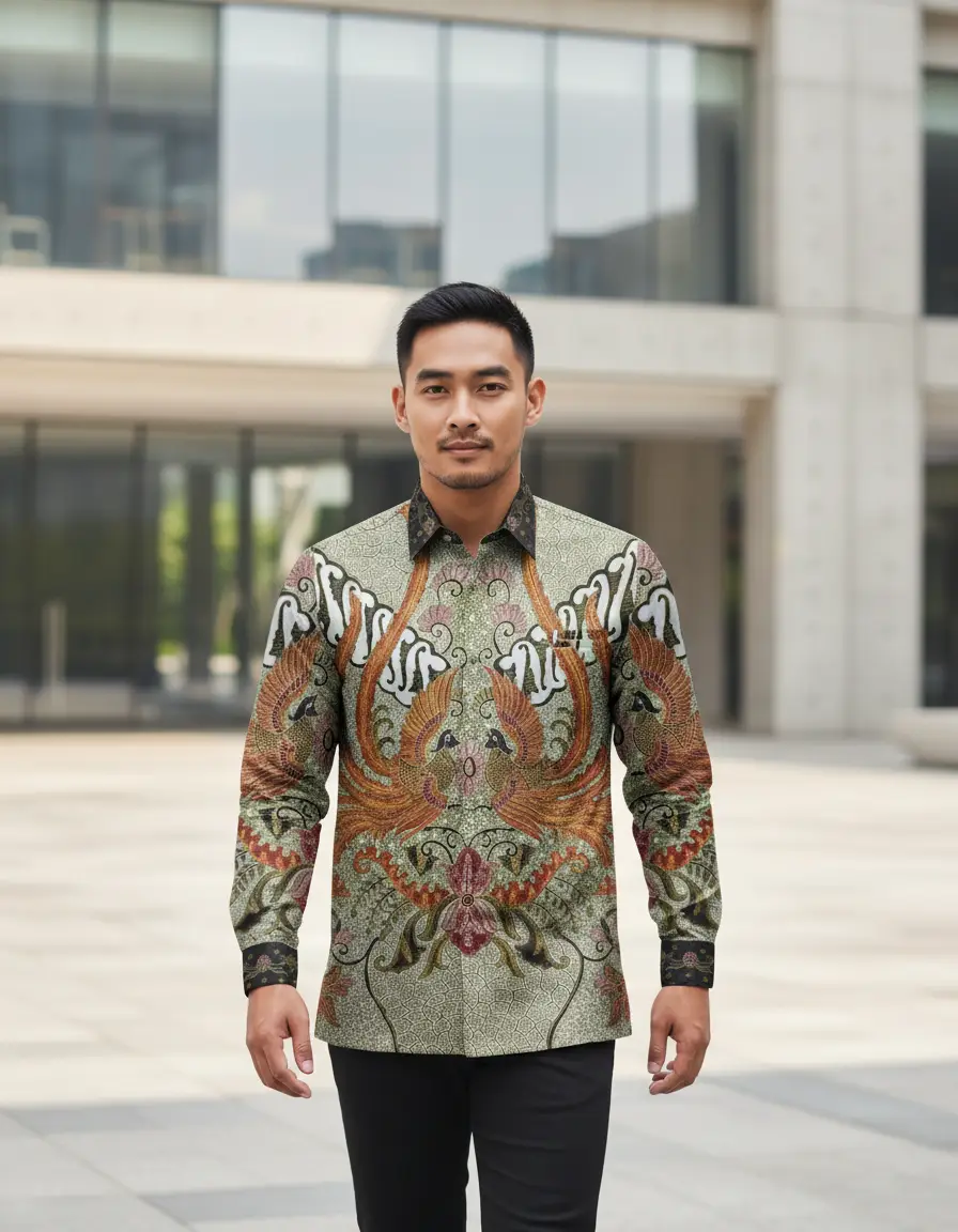 Motif Garuda Kencana di atas kain batik sutra ATBM Baron, nuansa emas yang elegan.