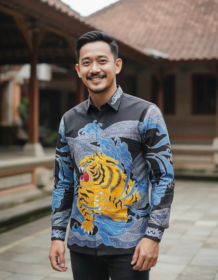 Pola kemeja kain batik tulis motif macan kuning mengaum di tengah ombak biru di atas kain katun primissima hitam.