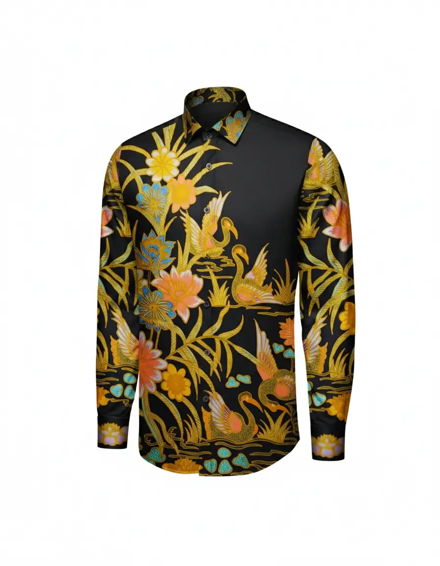 Kain batik pola kemeja dengan motif angsa dan teratai emas di atas dasar hitam, terbuat dari katun primissima yang halus.