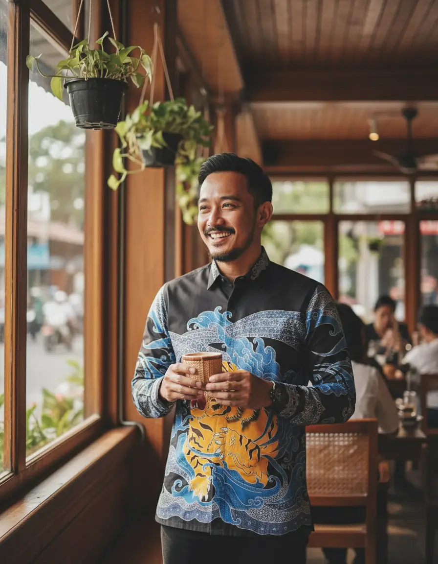 Pola kemeja kain batik tulis motif macan kuning mengaum di tengah ombak biru di atas kain katun primissima hitam.