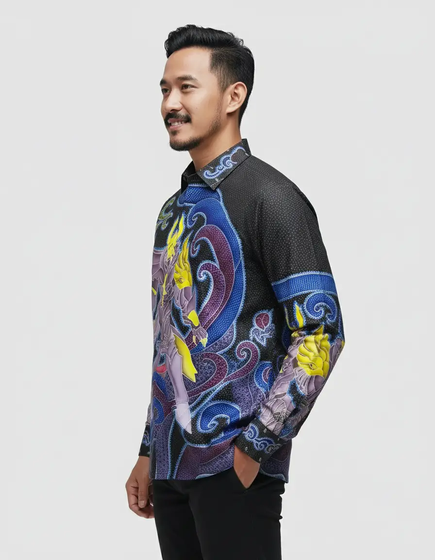 Pola kemeja batik tulis modern dengan motif ksatria ungu keemasan di atas kain katun primissima, nuansa fantasi yang kuat.