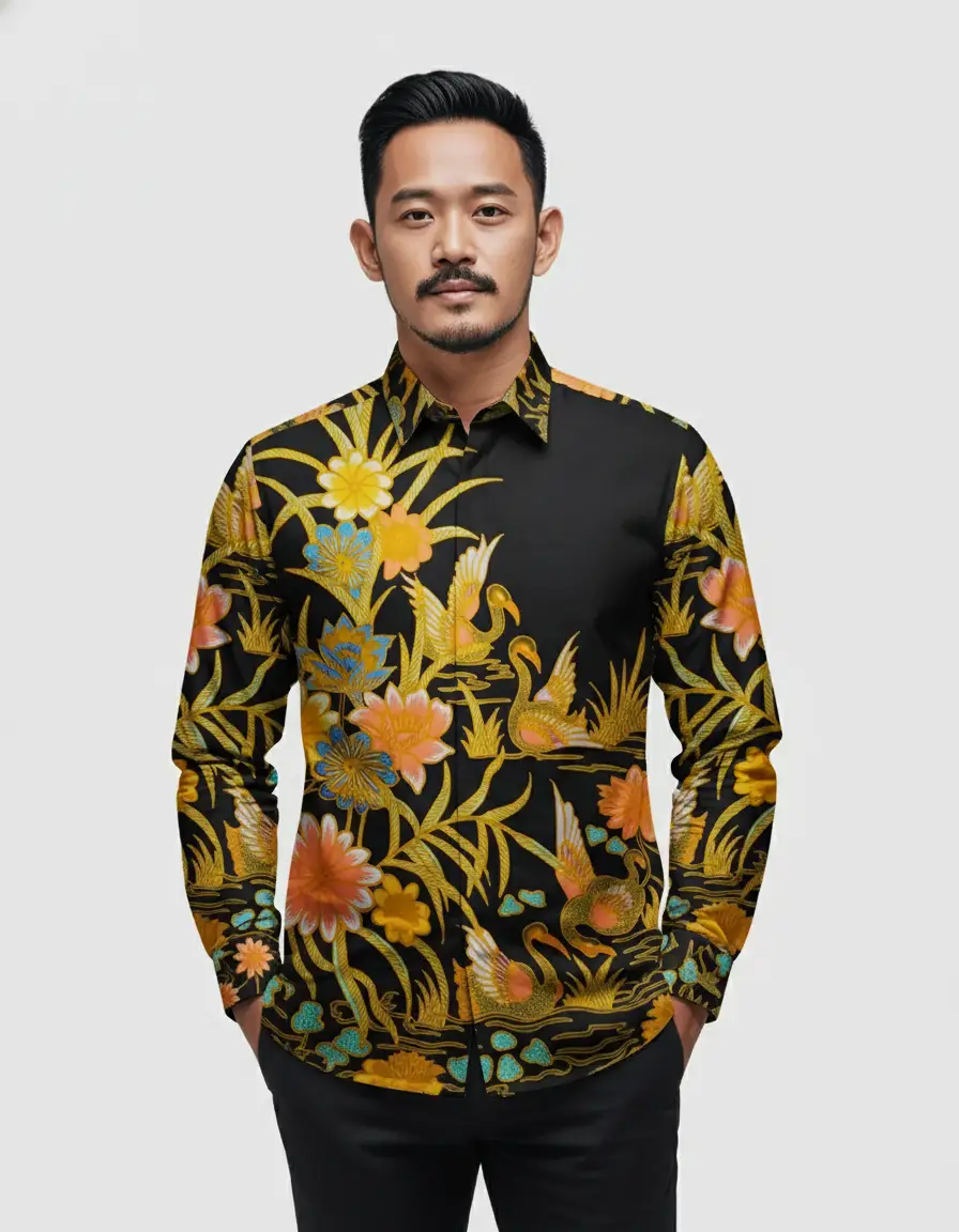Kain batik pola kemeja dengan motif angsa dan teratai emas di atas dasar hitam, terbuat dari katun primissima yang halus.