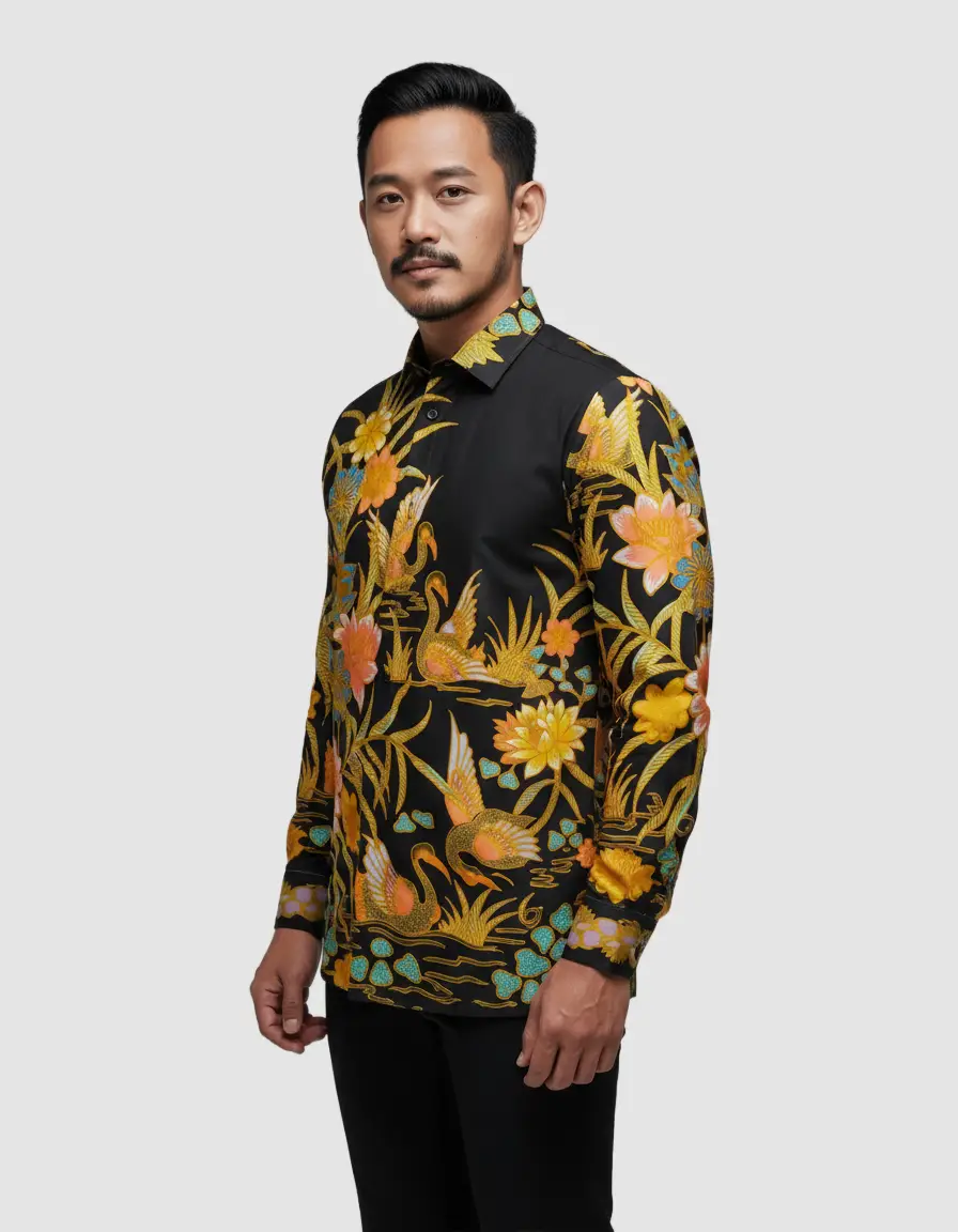 Kain batik pola kemeja dengan motif angsa dan teratai emas di atas dasar hitam, terbuat dari katun primissima yang halus.