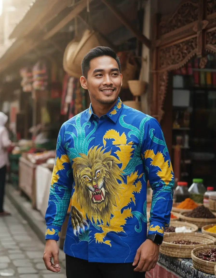 Pola kemeja batik tulis motif singa berwarna biru dan kuning di atas bahan katun satin yang berkilau.