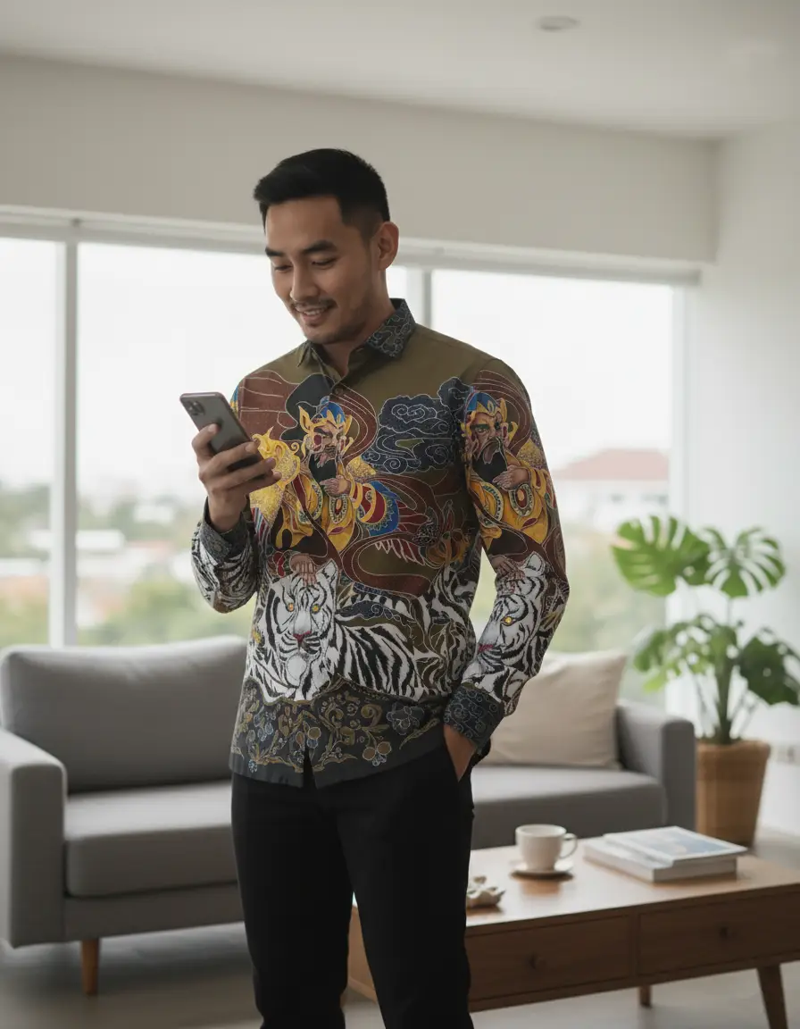 Kain batik pola kemeja dengan motif Panglima Wibawa dan macan putih di atas katun primissima nuansa hijau zaitun.