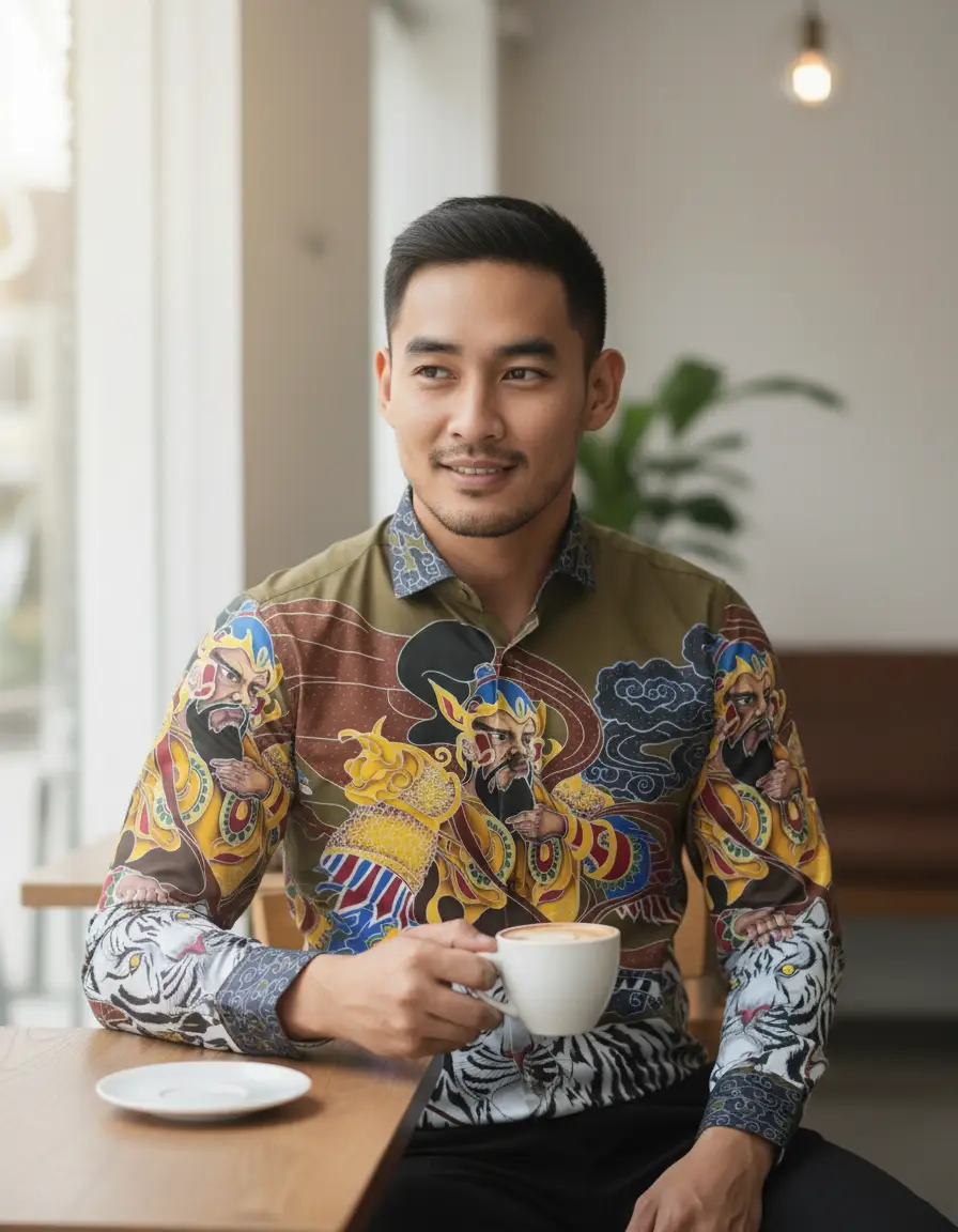 Kain batik pola kemeja dengan motif Panglima Wibawa dan macan putih di atas katun primissima nuansa hijau zaitun.