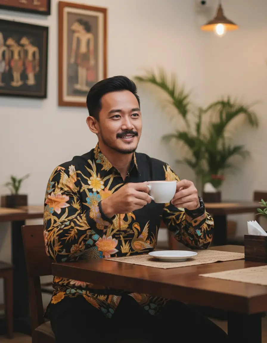 Kain batik pola kemeja dengan motif angsa dan teratai emas di atas dasar hitam, terbuat dari katun primissima yang halus.