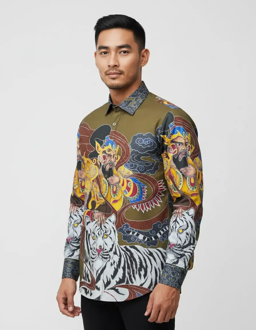 Kain batik pola kemeja dengan motif Panglima Wibawa dan macan putih di atas katun primissima nuansa hijau zaitun.