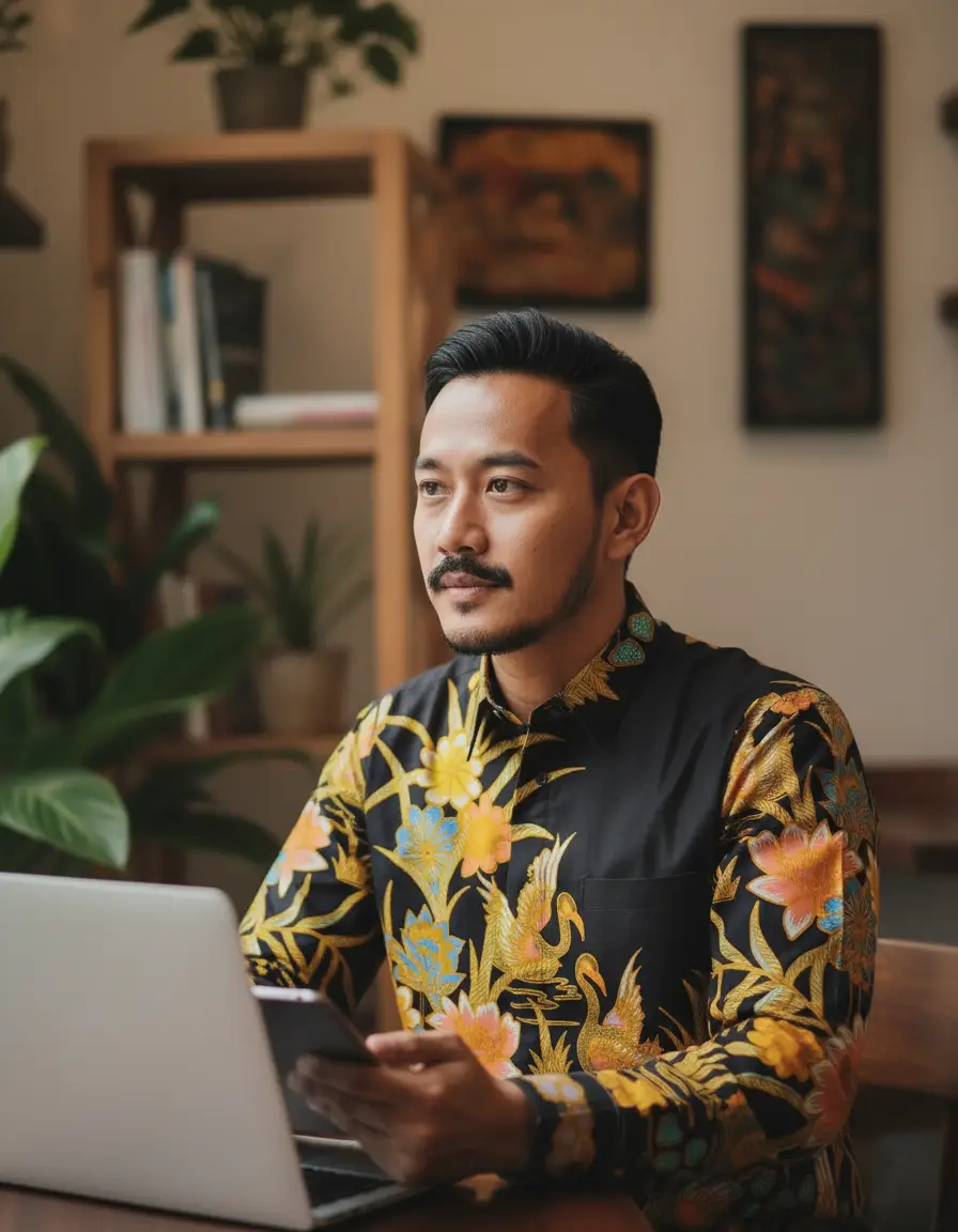Kain batik pola kemeja dengan motif angsa dan teratai emas di atas dasar hitam, terbuat dari katun primissima yang halus.
