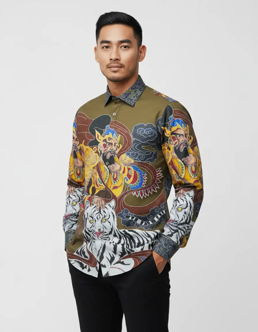 Kain batik pola kemeja dengan motif Panglima Wibawa dan macan putih di atas katun primissima nuansa hijau zaitun.