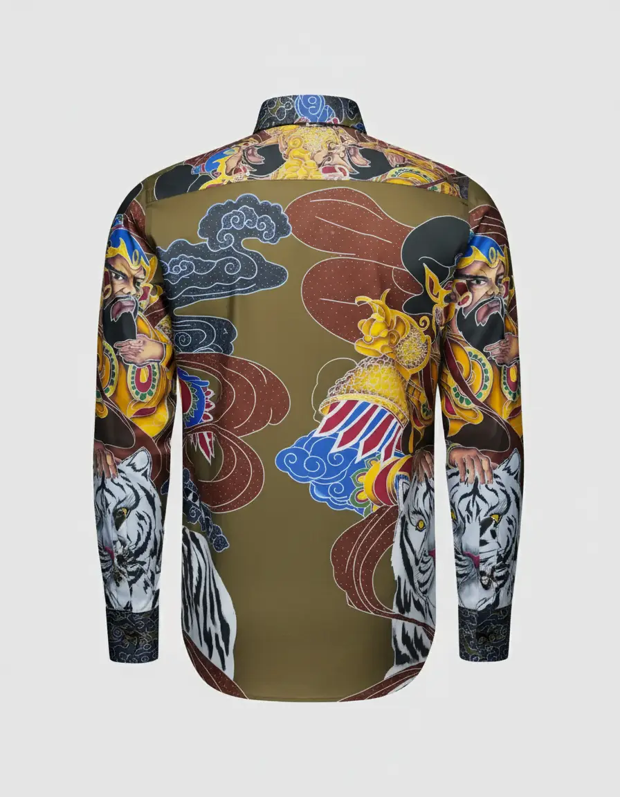 Kain batik pola kemeja dengan motif Panglima Wibawa dan macan putih di atas katun primissima nuansa hijau zaitun.