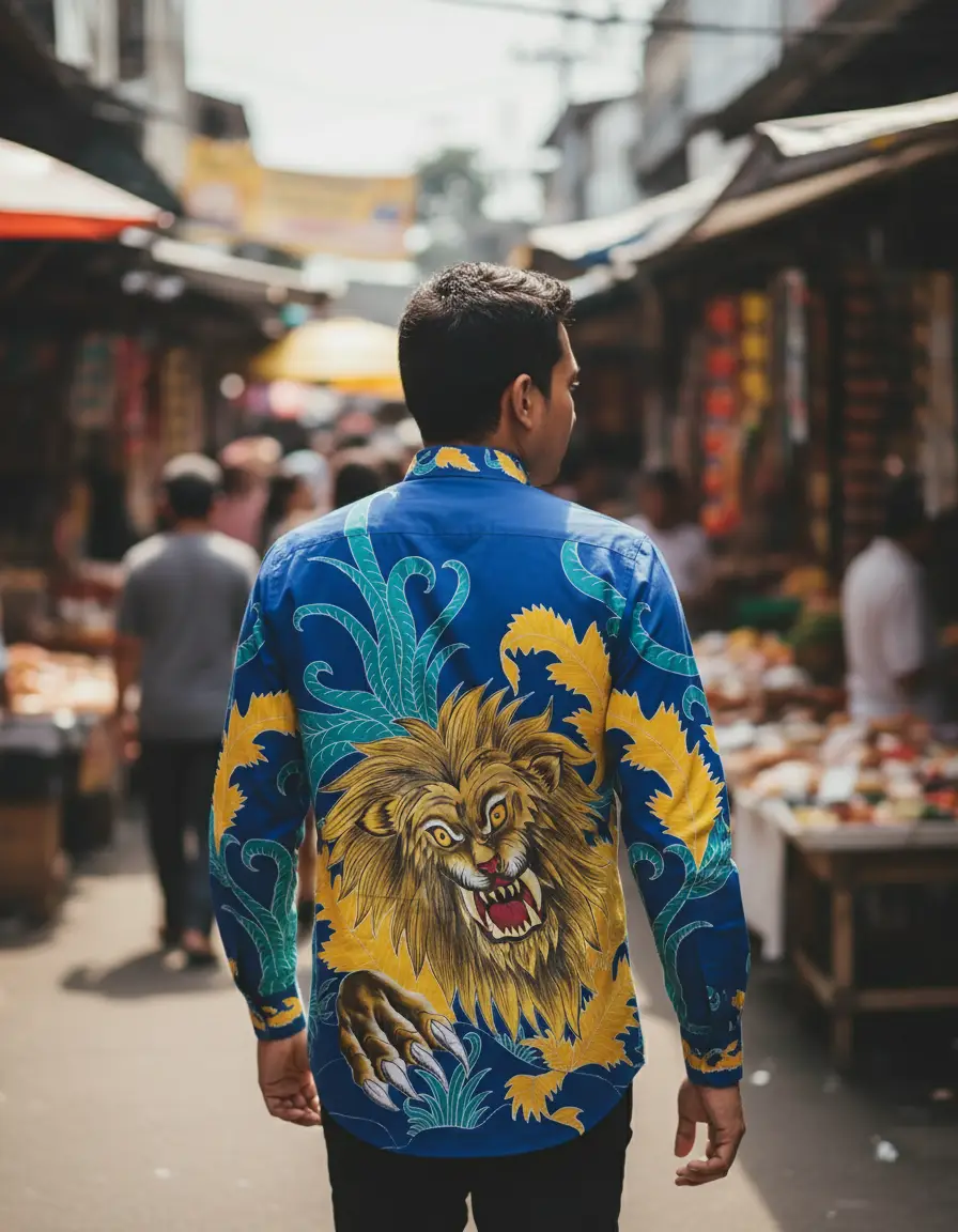 Pola kemeja batik tulis motif singa berwarna biru dan kuning di atas bahan katun satin yang berkilau.