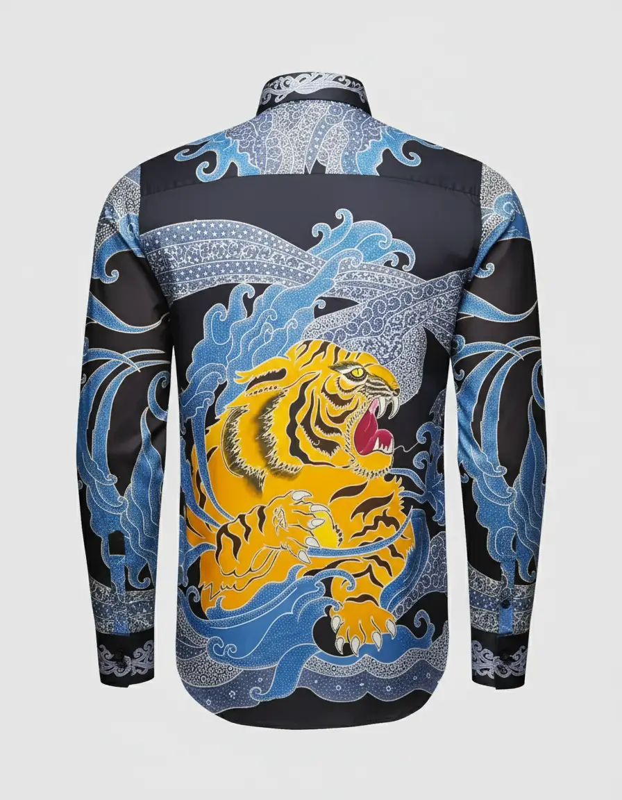 Pola kemeja kain batik tulis motif macan kuning mengaum di tengah ombak biru di atas kain katun primissima hitam.