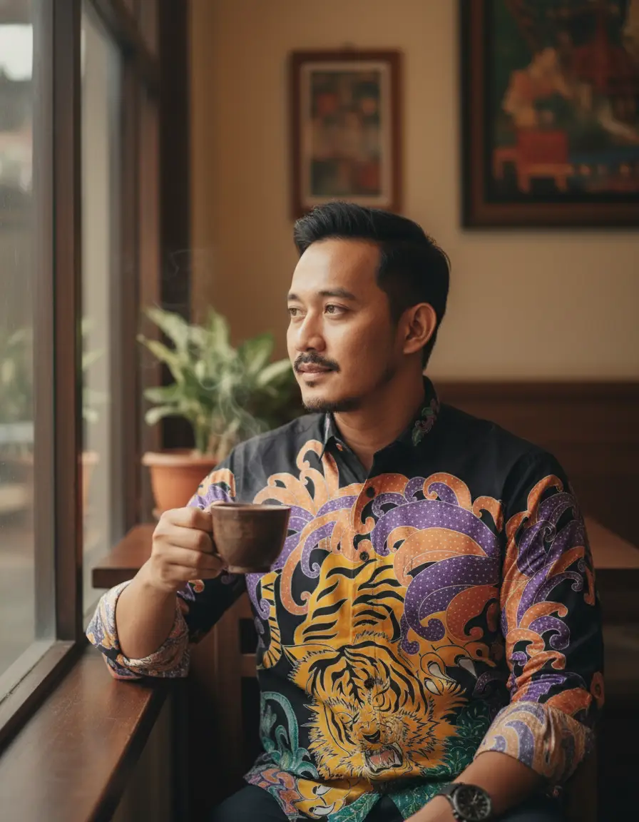 Kemeja batik tulis motif macan kuning-ungu di atas kain katun satin hitam, menampilkan nuansa berani dan artistik.