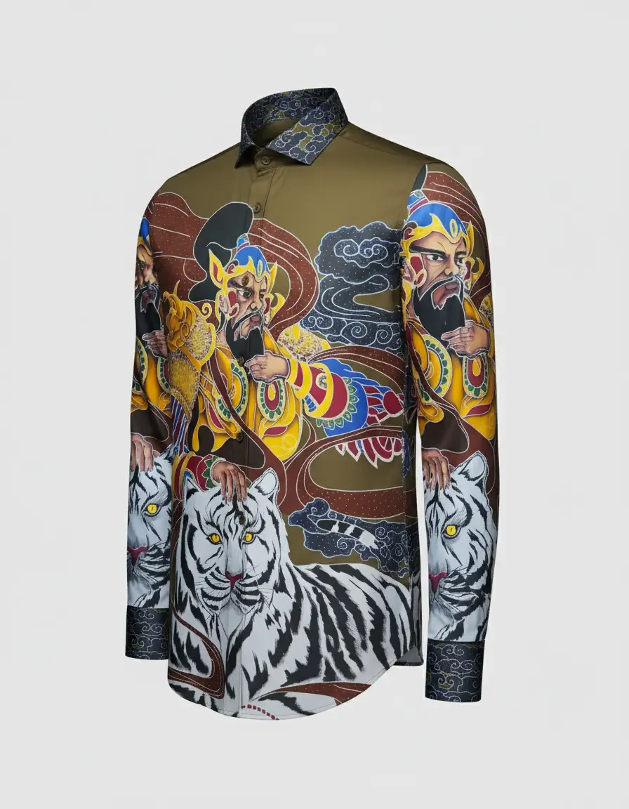 Kain batik pola kemeja dengan motif Panglima Wibawa dan macan putih di atas katun primissima nuansa hijau zaitun.