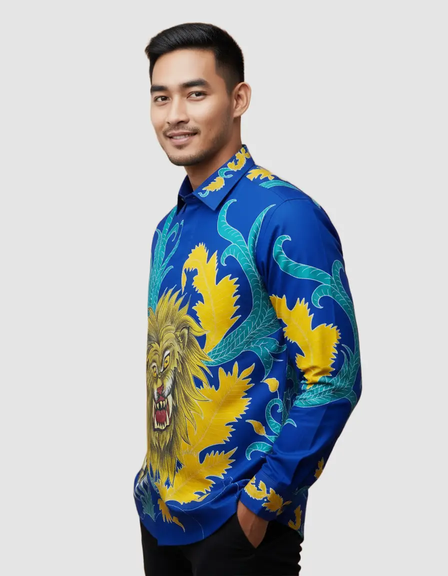 Pola kemeja batik tulis motif singa berwarna biru dan kuning di atas bahan katun satin yang berkilau.