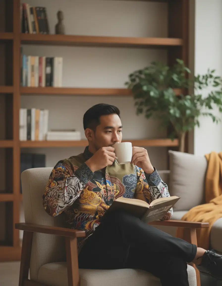 Kain batik pola kemeja dengan motif Panglima Wibawa dan macan putih di atas katun primissima nuansa hijau zaitun.