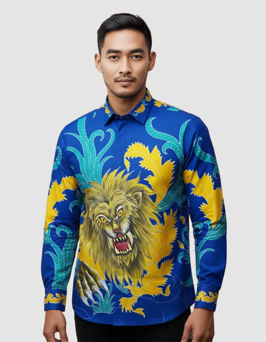 Pola kemeja batik tulis motif singa berwarna biru dan kuning di atas bahan katun satin yang berkilau.