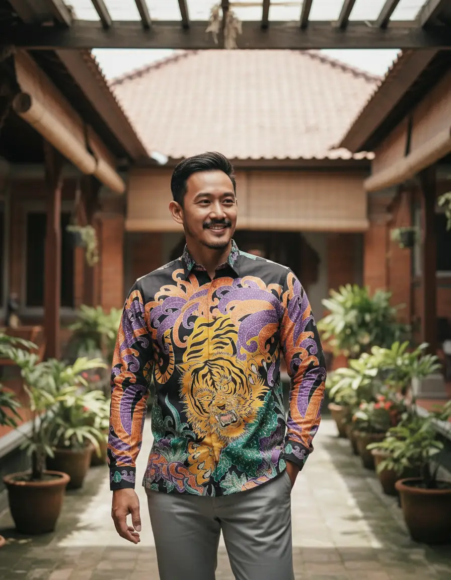 Kemeja batik tulis motif macan kuning-ungu di atas kain katun satin hitam, menampilkan nuansa berani dan artistik.