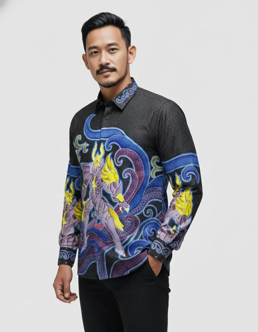 Pola kemeja batik tulis modern dengan motif ksatria ungu keemasan di atas kain katun primissima, nuansa fantasi yang kuat.