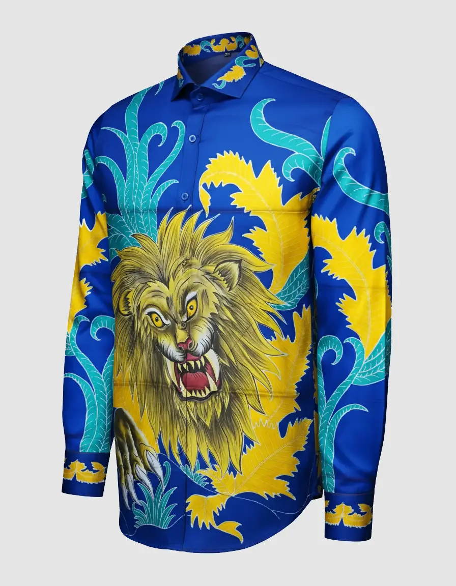 Pola kemeja batik tulis motif singa berwarna biru dan kuning di atas bahan katun satin yang berkilau.