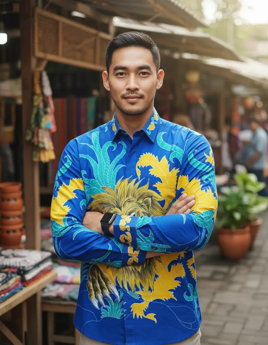 Pola kemeja batik tulis motif singa berwarna biru dan kuning di atas bahan katun satin yang berkilau.