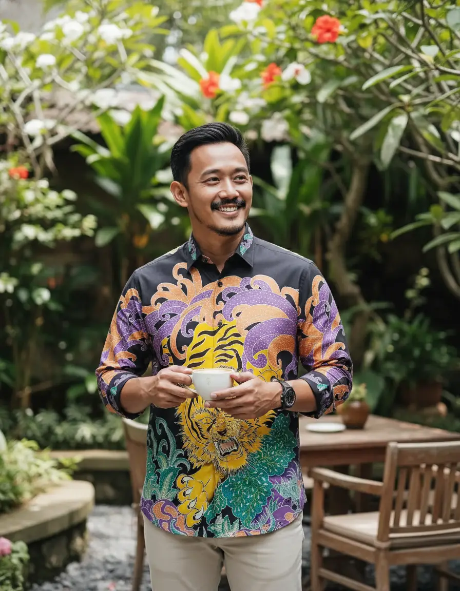 Kemeja batik tulis motif macan kuning-ungu di atas kain katun satin hitam, menampilkan nuansa berani dan artistik.