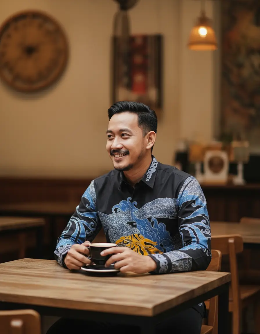 Pola kemeja kain batik tulis motif macan kuning mengaum di tengah ombak biru di atas kain katun primissima hitam.