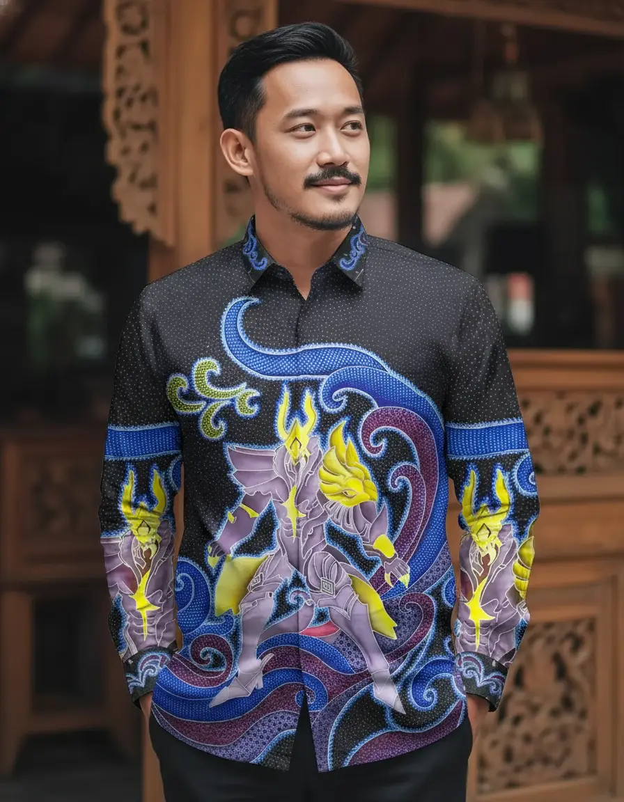Pola kemeja batik tulis modern dengan motif ksatria ungu keemasan di atas kain katun primissima, nuansa fantasi yang kuat.