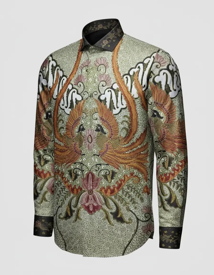 Motif Garuda Kencana di atas kain batik sutra ATBM Baron, nuansa emas yang elegan.