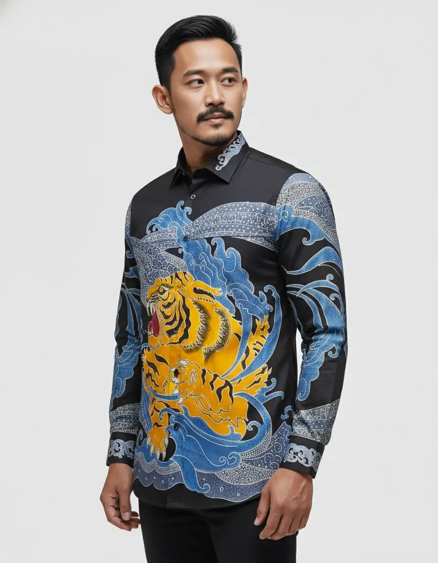 Pola kemeja kain batik tulis motif macan kuning mengaum di tengah ombak biru di atas kain katun primissima hitam.