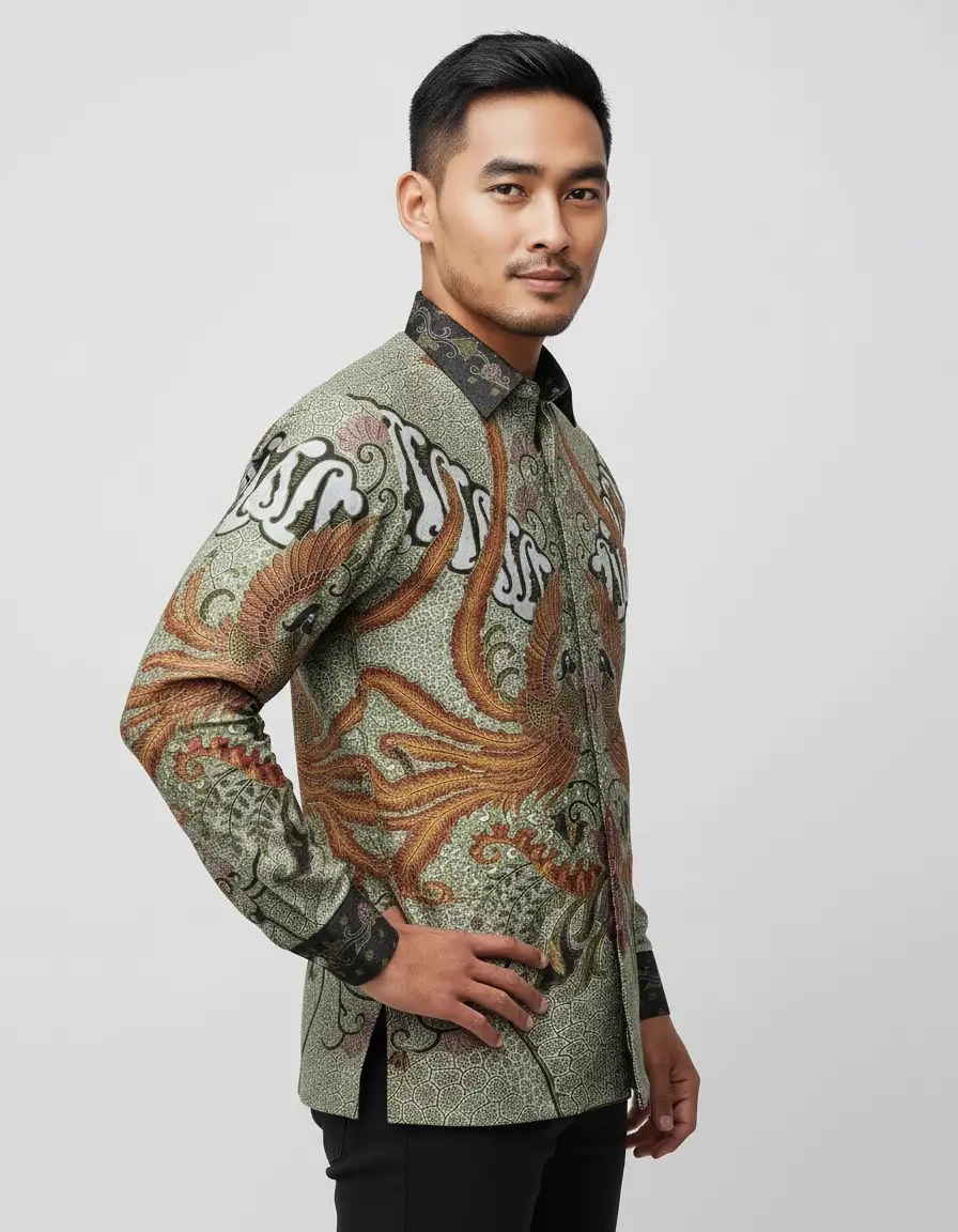 Motif Garuda Kencana di atas kain batik sutra ATBM Baron, nuansa emas yang elegan.