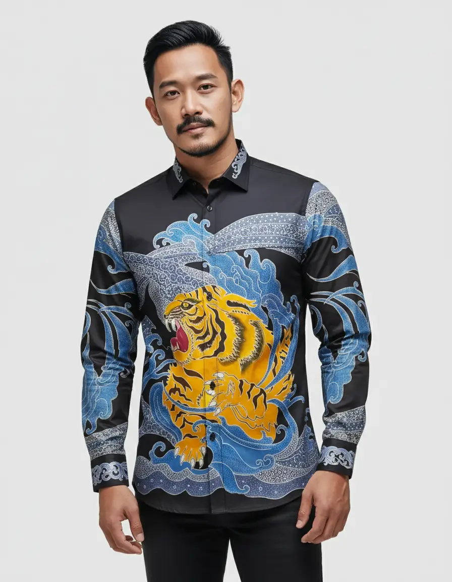 Pola kemeja kain batik tulis motif macan kuning mengaum di tengah ombak biru di atas kain katun primissima hitam.