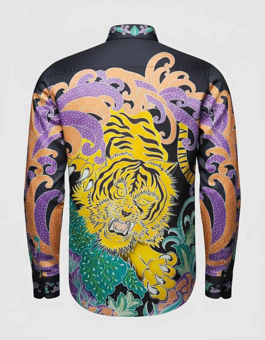 Kemeja batik tulis motif macan kuning-ungu di atas kain katun satin hitam, menampilkan nuansa berani dan artistik.