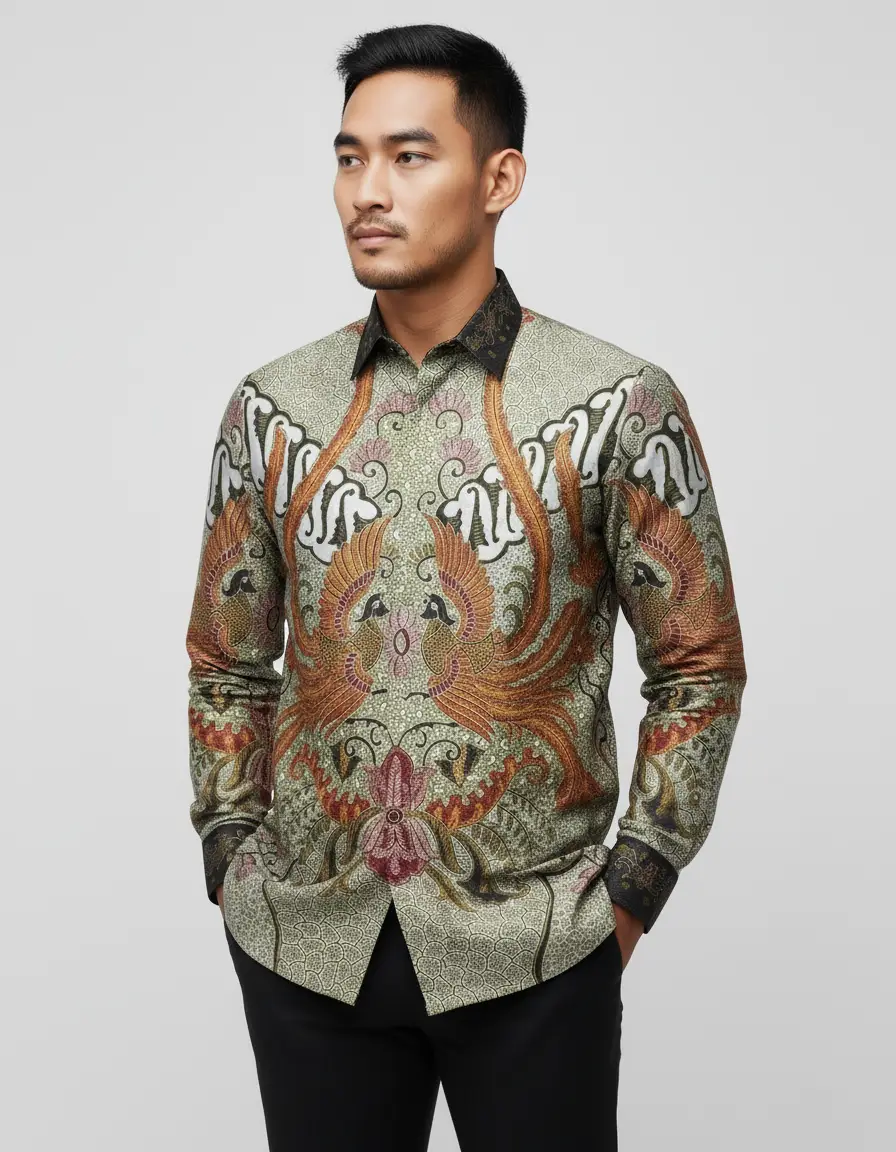 Motif Garuda Kencana di atas kain batik sutra ATBM Baron, nuansa emas yang elegan.