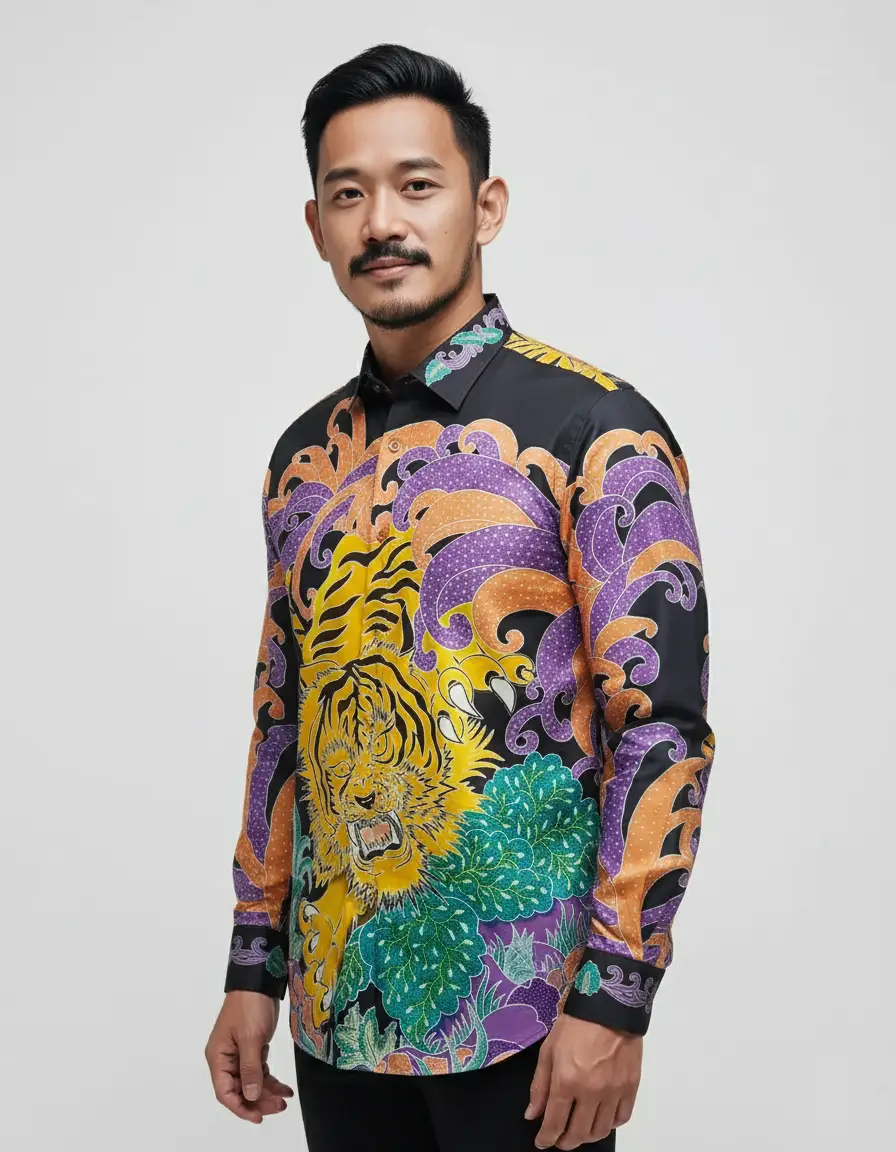 Kemeja batik tulis motif macan kuning-ungu di atas kain katun satin hitam, menampilkan nuansa berani dan artistik.