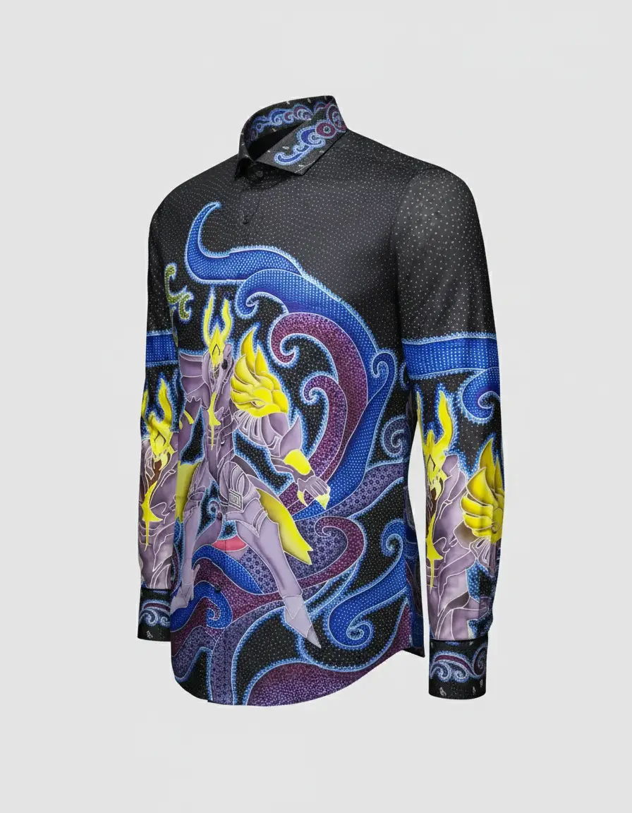 Pola kemeja batik tulis modern dengan motif ksatria ungu keemasan di atas kain katun primissima, nuansa fantasi yang kuat.