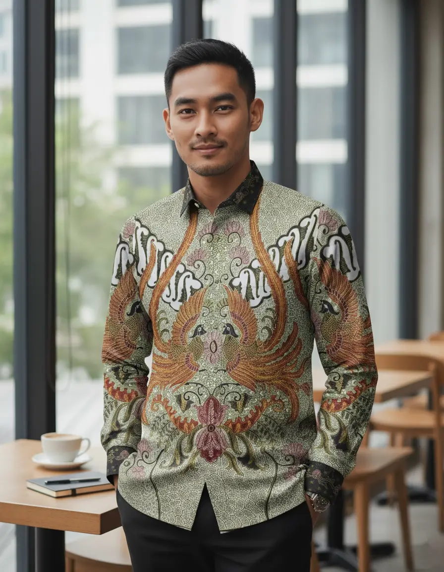 Motif Garuda Kencana di atas kain batik sutra ATBM Baron, nuansa emas yang elegan.