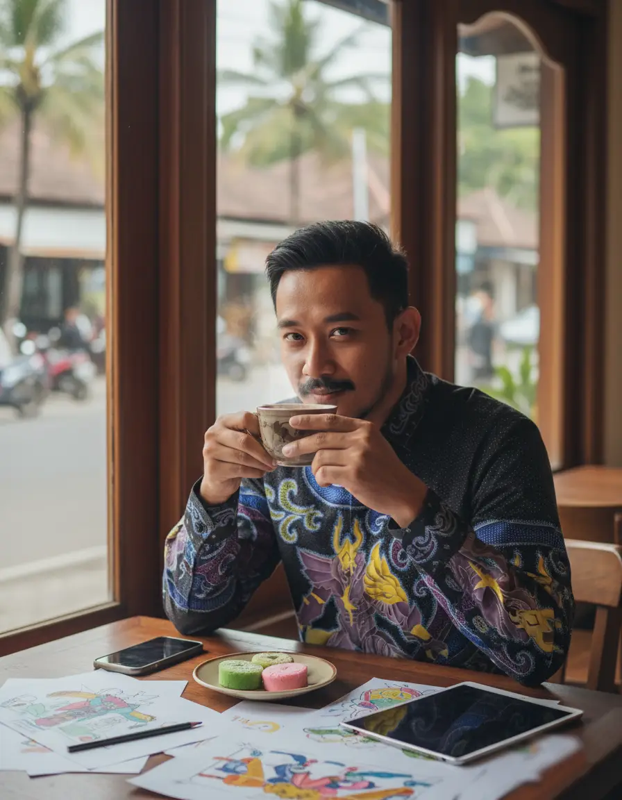 Pola kemeja batik tulis modern dengan motif ksatria ungu keemasan di atas kain katun primissima, nuansa fantasi yang kuat.