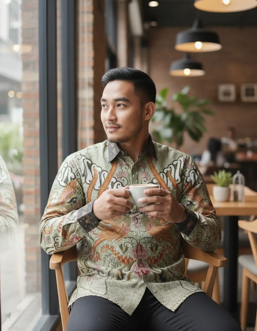 Motif Garuda Kencana di atas kain batik sutra ATBM Baron, nuansa emas yang elegan.