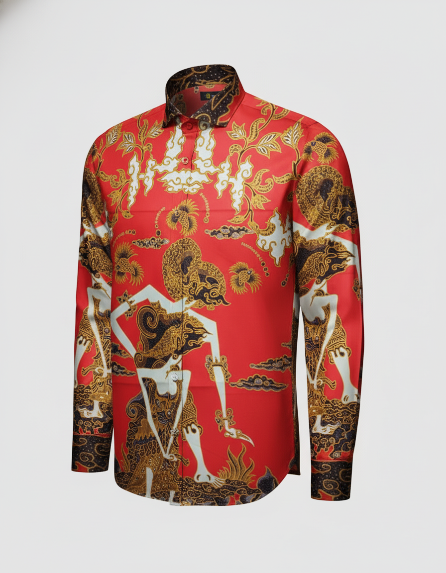 Pola kemeja batik tulis motif Punakawan Merah menyala, menampilkan tokoh wayang dengan detail emas yang kaya.