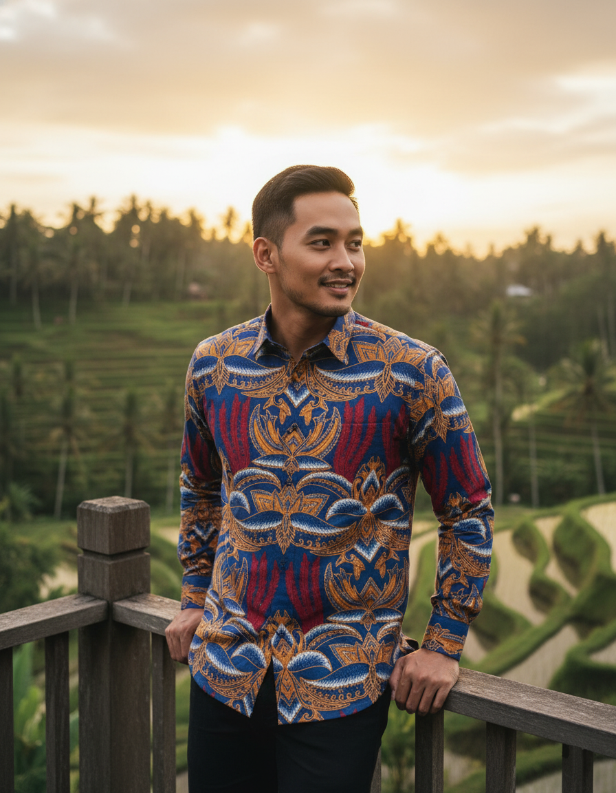 Pola kemeja batik tulis motif Agni Birawa, perpaduan api merah dan sayap emas di atas dasar biru royal yang megah.