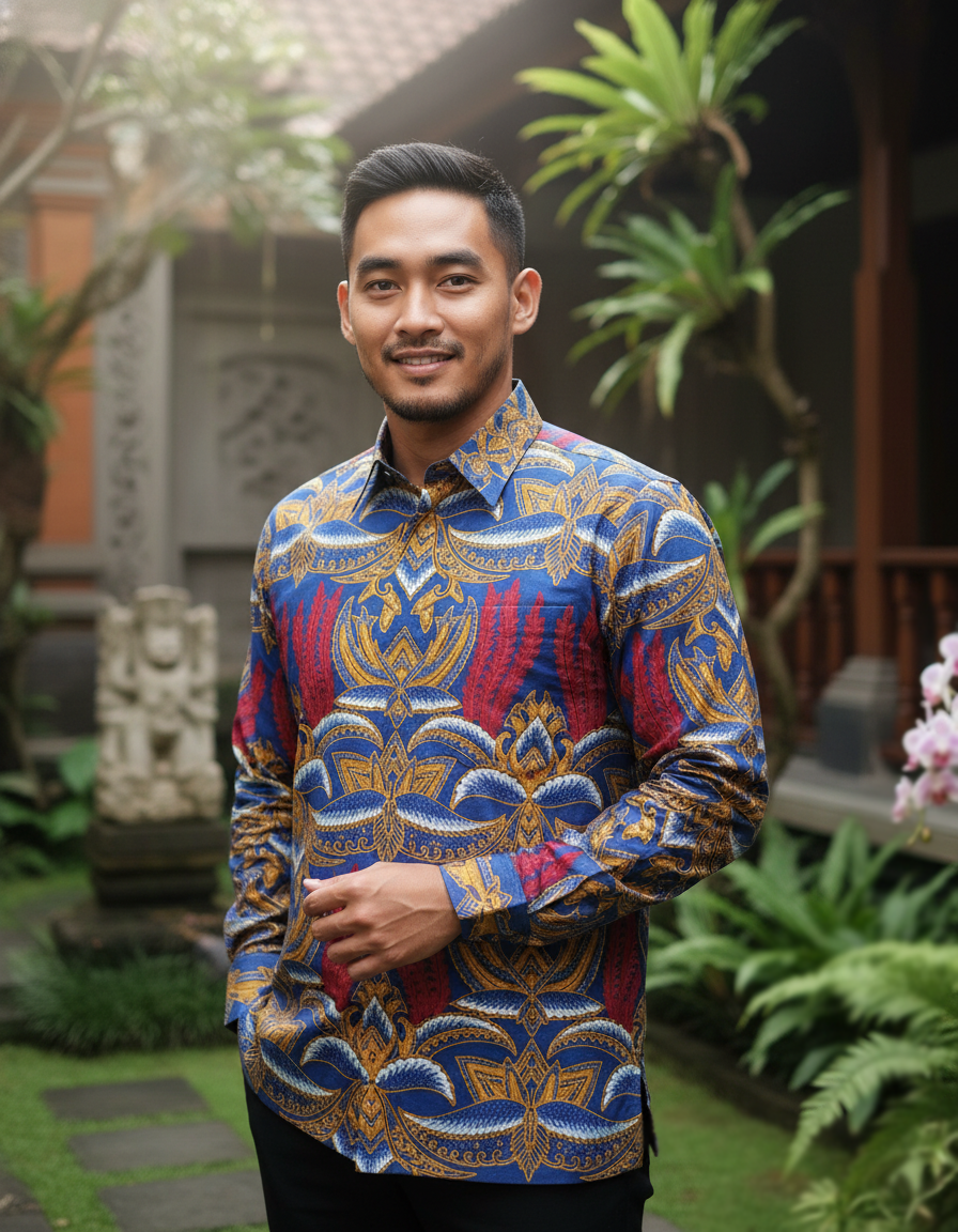 Pola kemeja batik tulis motif Agni Birawa, perpaduan api merah dan sayap emas di atas dasar biru royal yang megah.