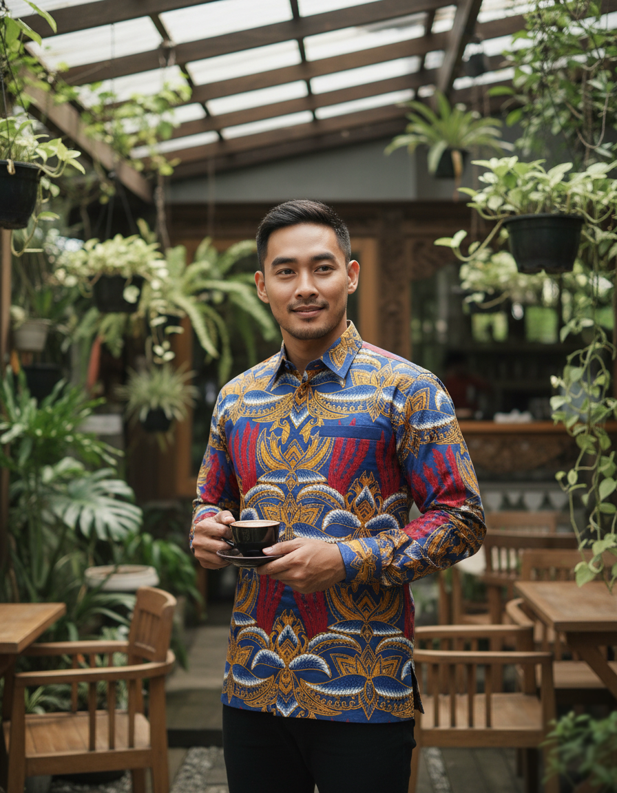 Pola kemeja batik tulis motif Agni Birawa, perpaduan api merah dan sayap emas di atas dasar biru royal yang megah.