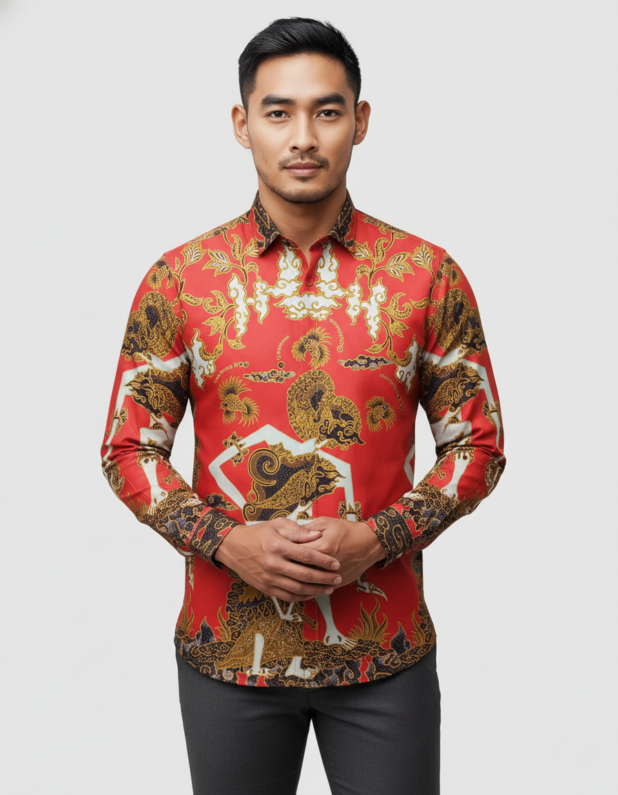 Pola kemeja batik tulis motif Punakawan Merah menyala, menampilkan tokoh wayang dengan detail emas yang kaya.