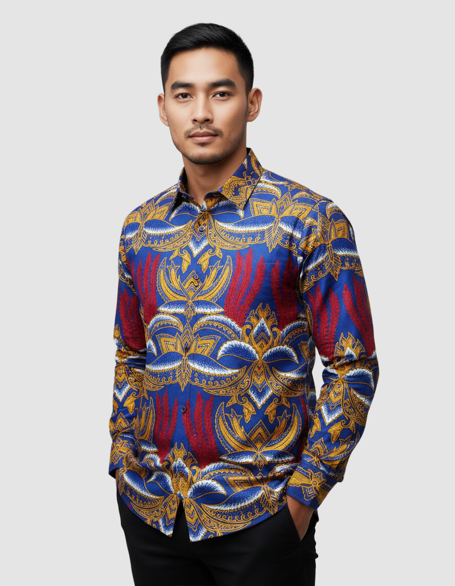 Pola kemeja batik tulis motif Agni Birawa, perpaduan api merah dan sayap emas di atas dasar biru royal yang megah.